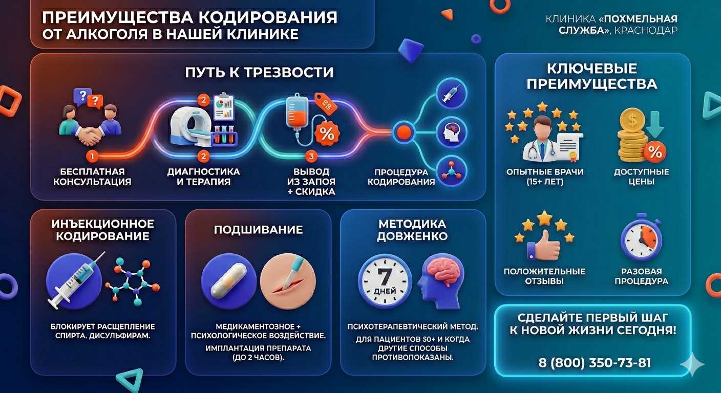 Инфографика о методах кодирования от алкоголя в Почепе: инъекции, подшивание, метод Довженко. Преимущества клиники и этапы лечения.